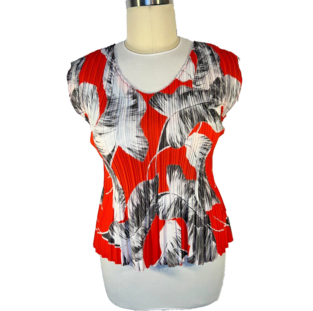 Milano - Blouse Women's Size L Red Gray Tropical Leaf Accordian Pleat Short Slv